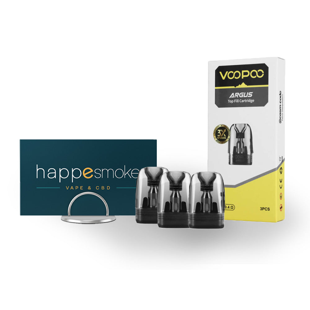 Cartouches Argus Top fill 3 ml - Voopoo. Cartouches Argus Top fill 3 ml transparentes avec base noire à côté de leur boîte blanche et jaune