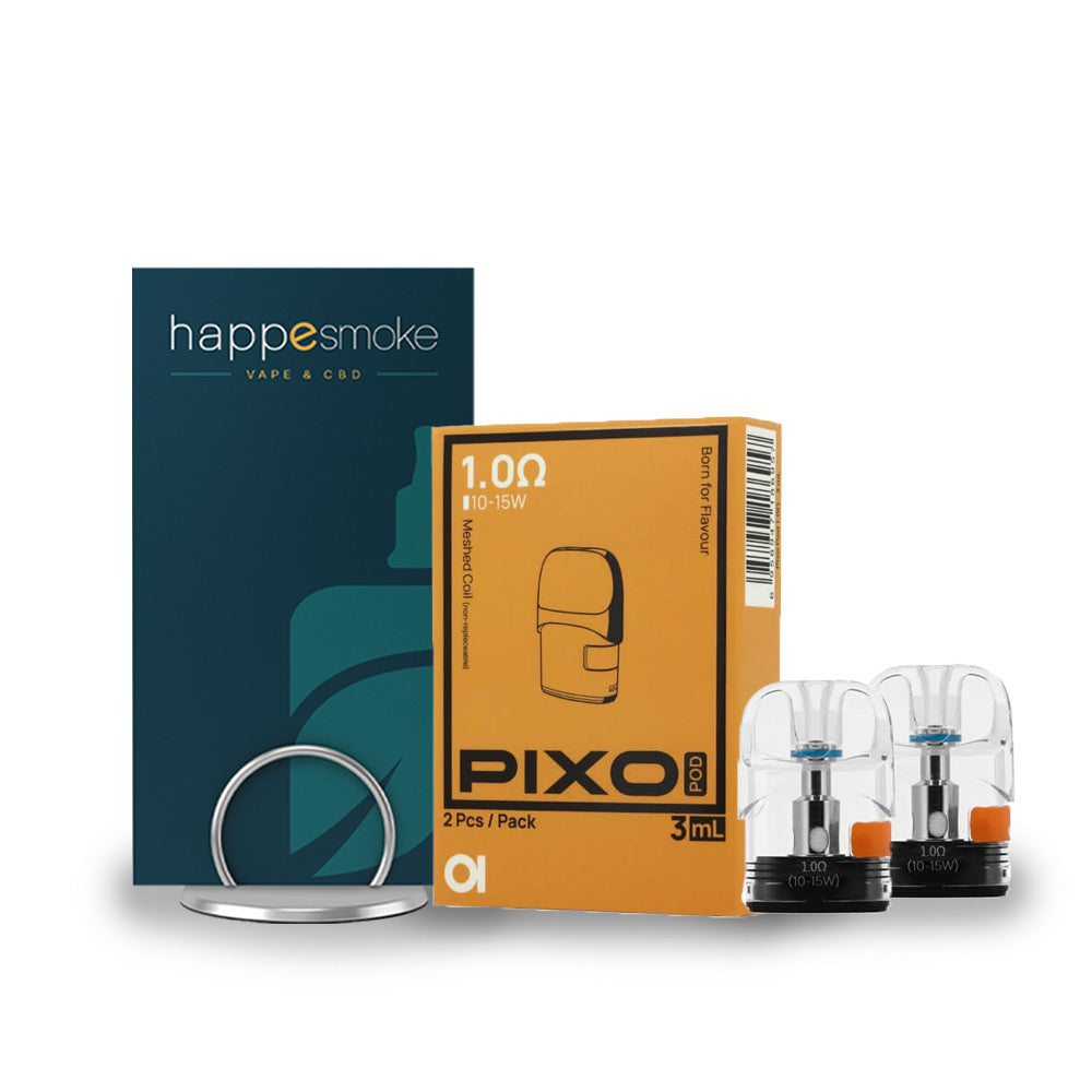 Cartouches Pixo - Aspire. Cartouches Pixo avec emballage orange et deux pods transparents à bouton orange