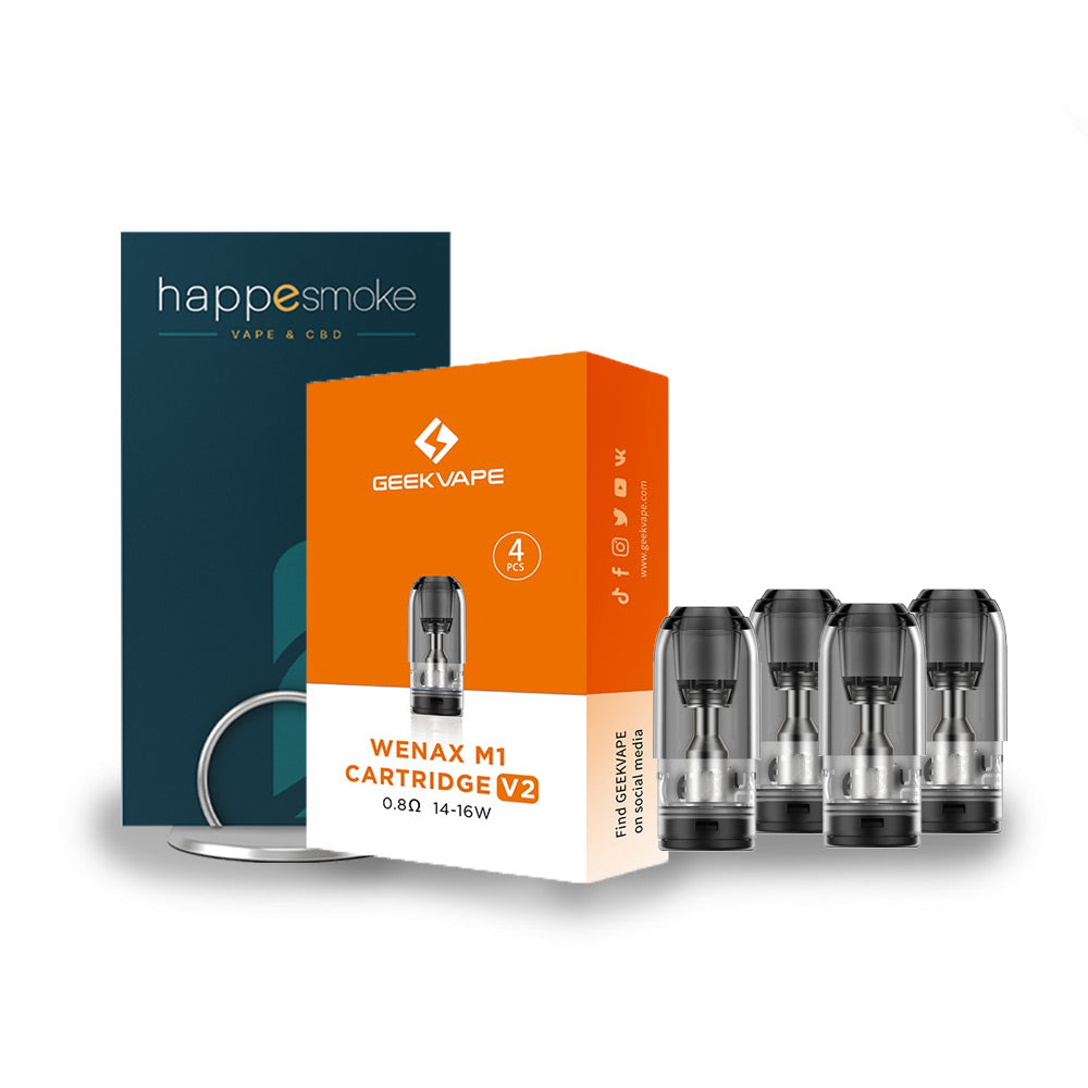 Cartouches Wenax M1 2 ml - GeekVape. Cartouches Wenax M1 dans une boîte orange avec quatre cartouches transparentes alignées à droite