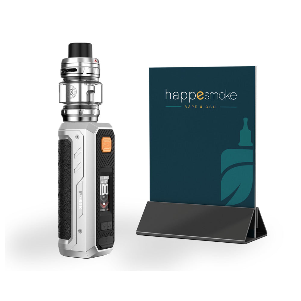 Kit Armour Ultra 5500mAh - Vaporesso. Kit Armour Ultra 5500mAh mod gris avec écran digital à côté d'un présentoir bleu sombre